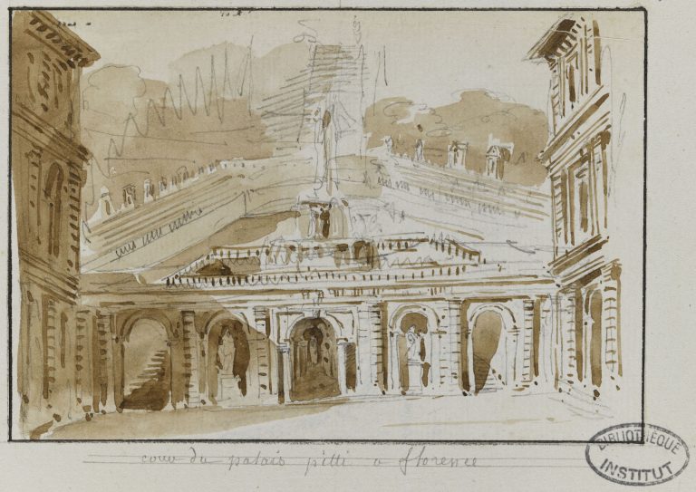 Charles Percier, Vue de la cour Ammannatiano et de la partie supérieure du jardin de Boboli au Palazzo Pitti à Florence au Cinquecento