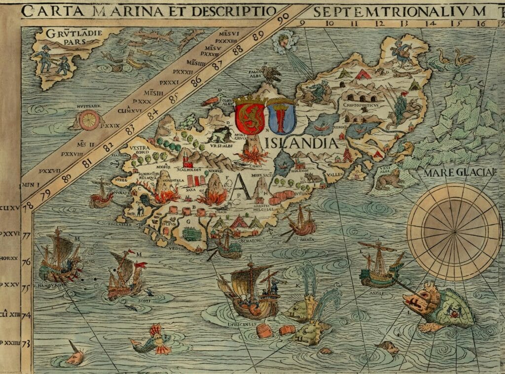 Détail concernant l'Islande de la Carta Marina de Olaus Magnus (1539)