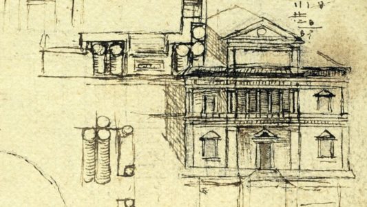 Leonardo da Vinci, Projects of a villa, details of Palazzo Caprini in Rome,
 Turin, Biblioteca Reale. Codex on the flight of the birds, inside cover, facsimile.